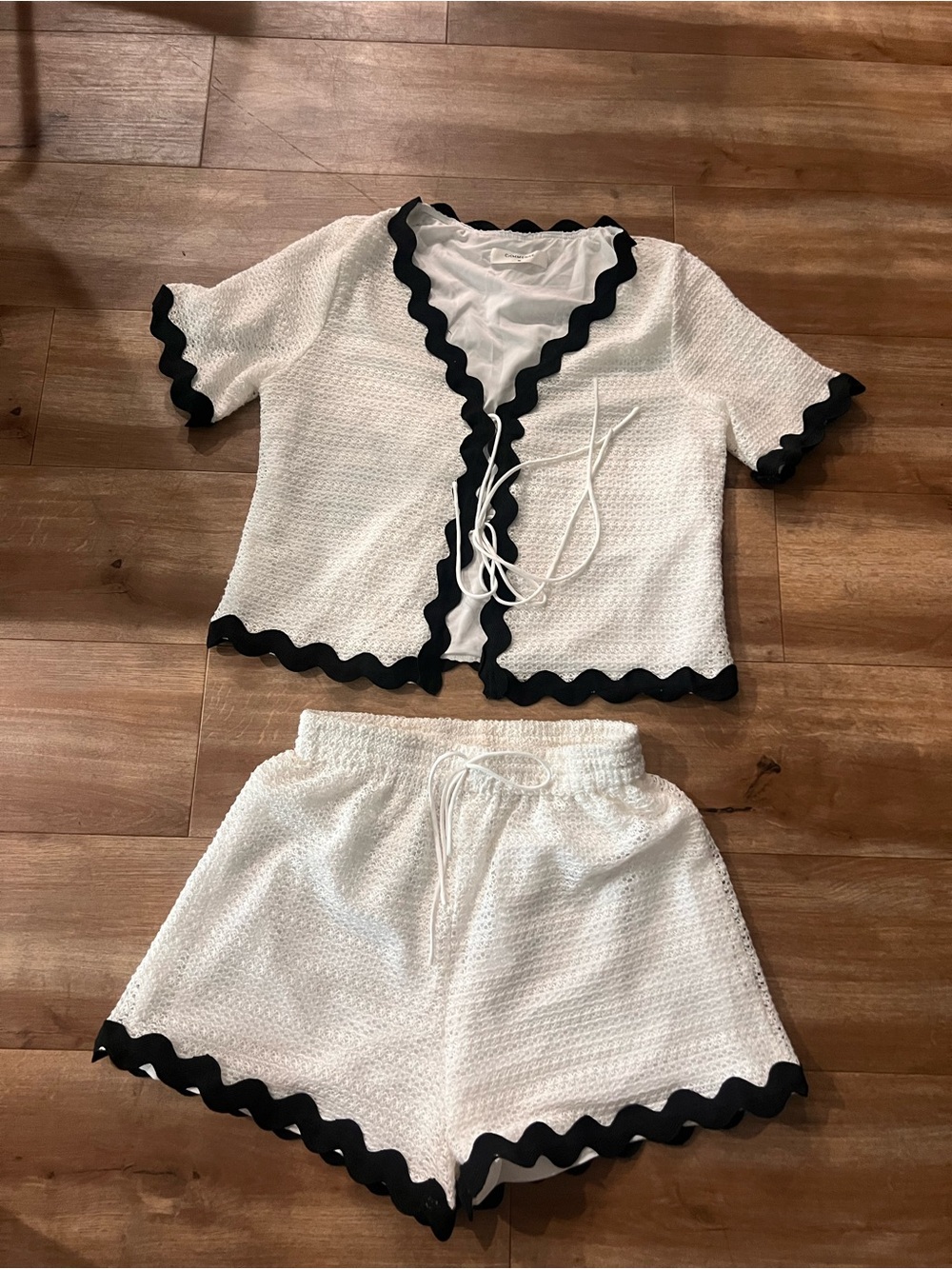 Commense White Knit Two-Piece Top & Shorts with Black Scallop Trim